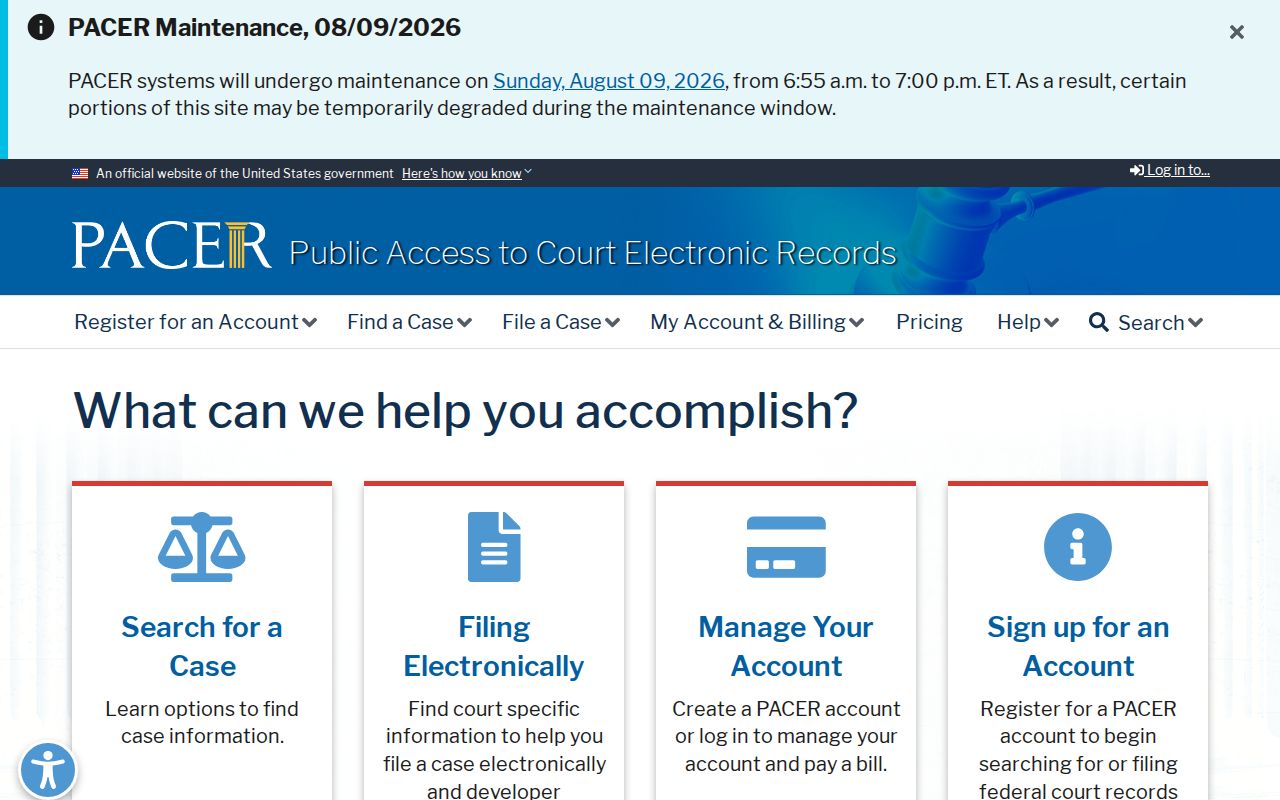 PACER access for federal criminal court cases tied to Montgomery County